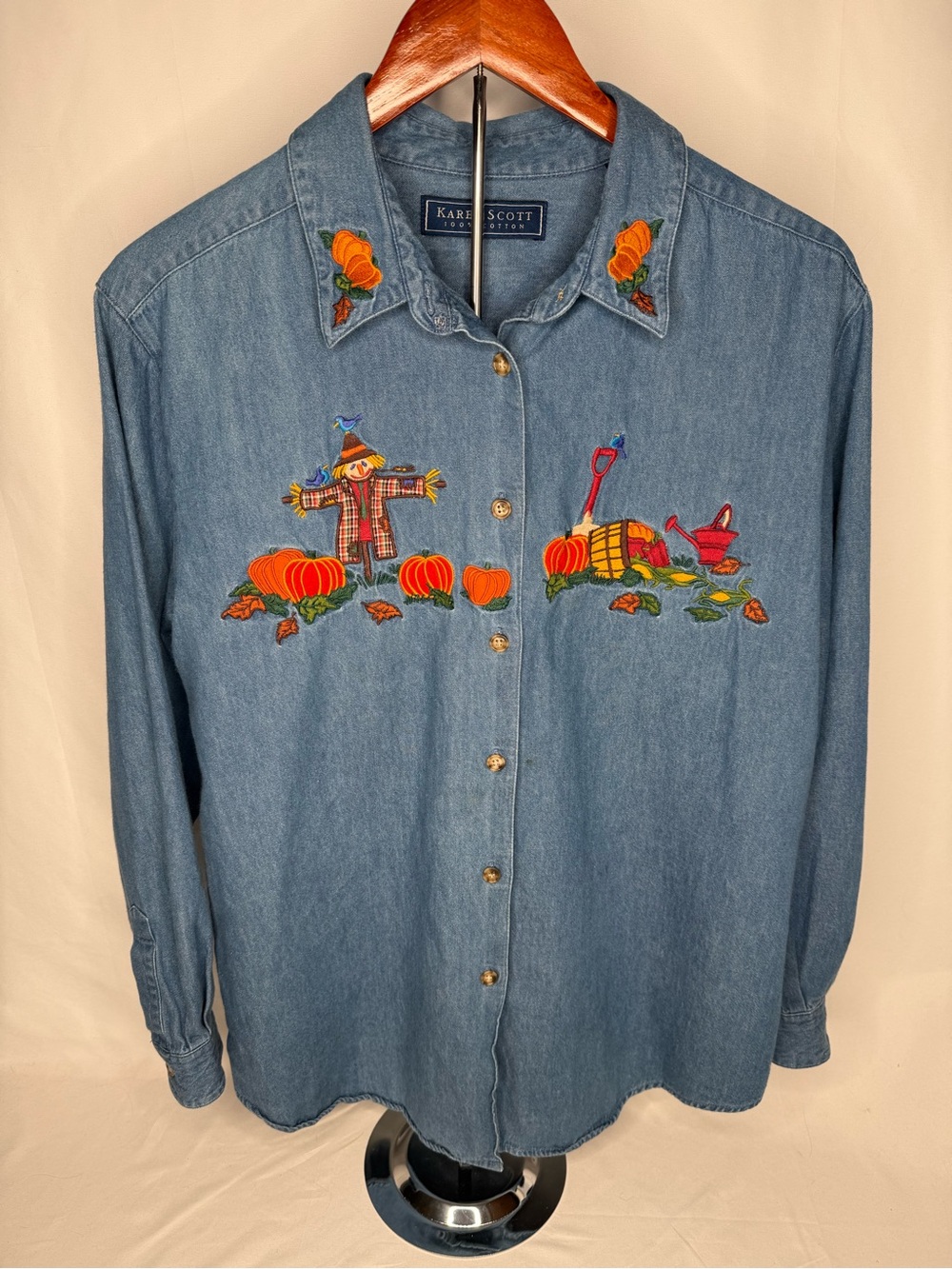 Karen Scott Blue Denim Button-Front Shirt with Pumpkin & Scarecrow Embroidery